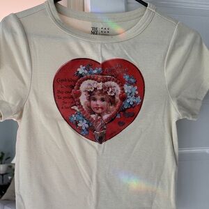 PacSun Cream Crop Top with Heart and Floral Design